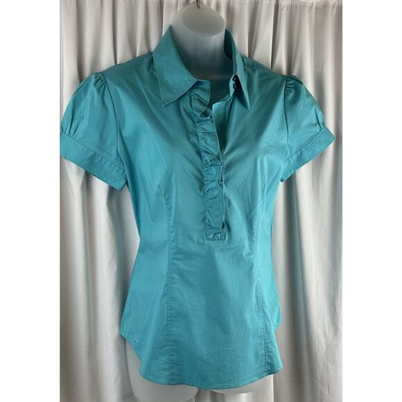 New York & Co NWT Ruffled Button Up Short Sleeves Top, Turquoise, Sz: M, 68-06 - Picture 14 of 16